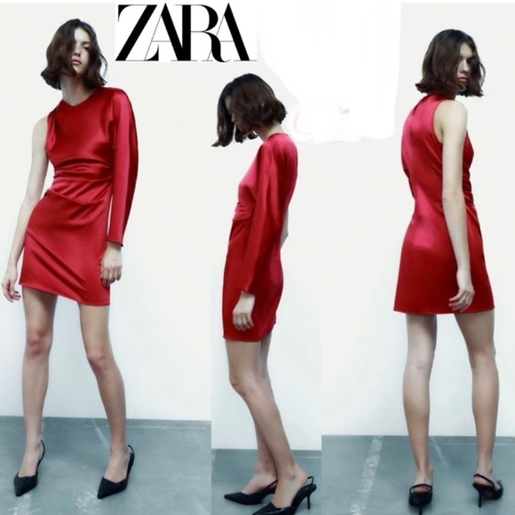 Zara red satin effect one sleeve asymetrical mini dress Sz XS - Picture 2 of 15